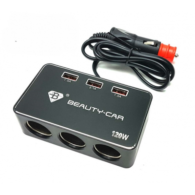 Разклонител Запалка 3-ка+USB - Черен